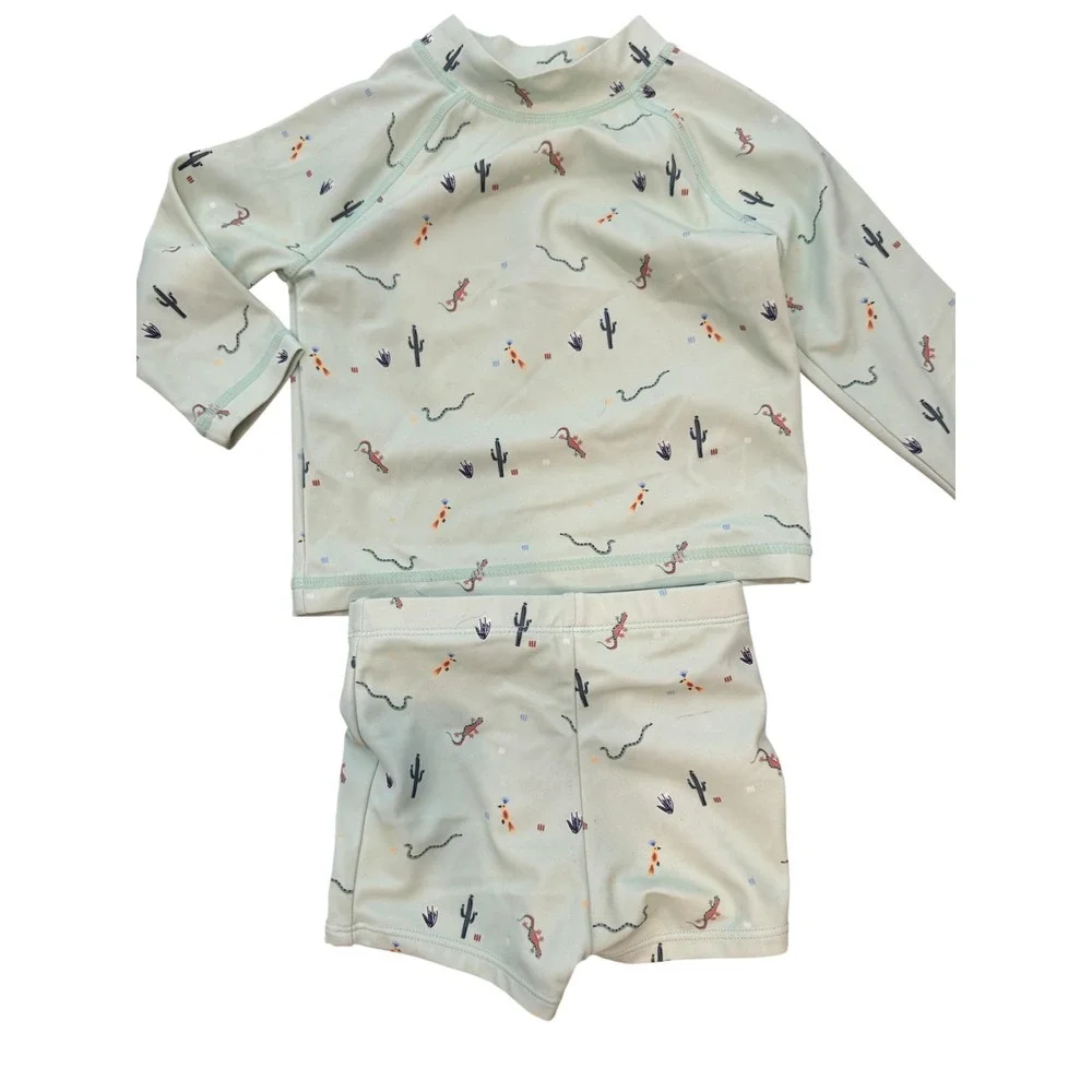 Janie And Jack Swim Set Baby Boys 12-18M Green Desert Animal Print Rashguard